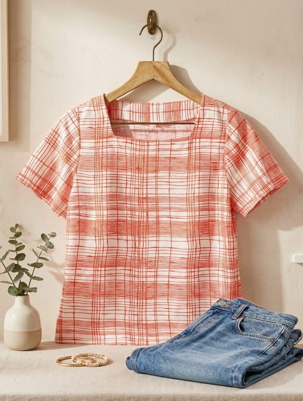 Vintage Square Neck 70s Mod Blouse Red Orange White Crosshatch Grid Top- Size L